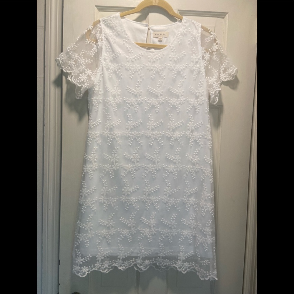 White Dress with Sheer Floral Overlay